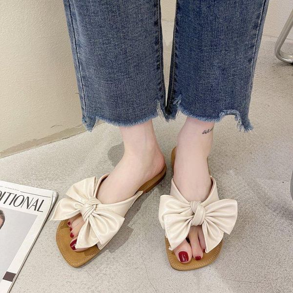 

slippers shoes women low square toe for swimming pool luxury slides loafers pantofle butterfly-knot soft beach summer flat desi, Black