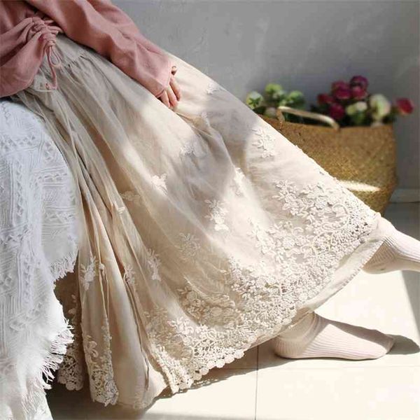

eugen yarn skirt french long skirt ankle retro double mesh yarn loose embroidery a-line skirt 210408, Black