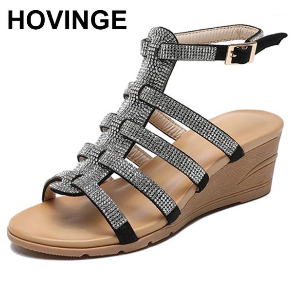 

sandals hovinge 2021 arrivals wholesale wedge high heels summer woman shoes buckle strap crystal women1, Black