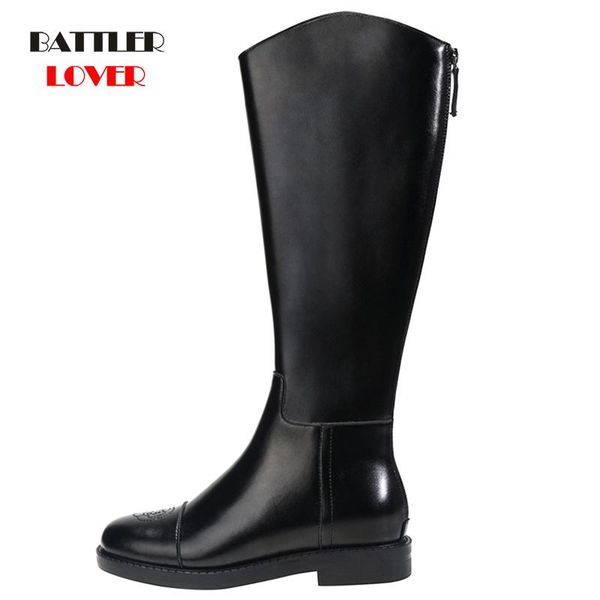 

boots 2021 classic women knee high square low heel genuine leather woman riding biker female autumn winter footwear, Black