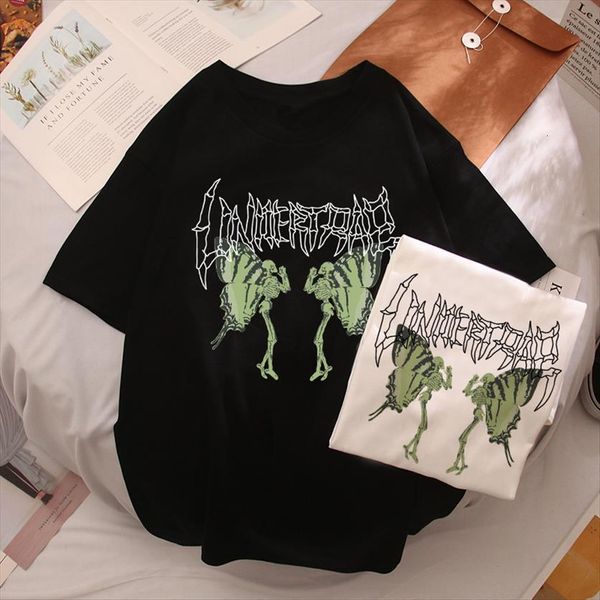 

butterfly skeleton streetwear ulzzang harajuku women t shirts summer skulls print hip hop punk vintage goth casual loose chic shirt, White
