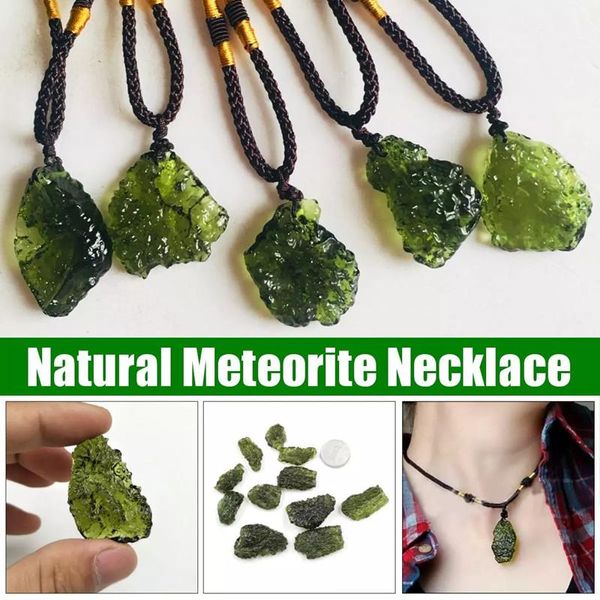 Halskette mit Anhänger aus natürlichem Moldavit, grünen Aerolithen, Kristallstein, Energieseil, geflochten, einzigartiger Schmuck