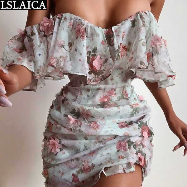 

dress for women slash neck floral print slim chiffon summer backless a line ruffled fashion ruched laides 210520, Black;gray