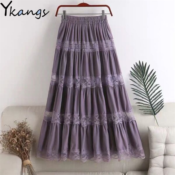

sweet kawaii chiffon lace stitching a-line pleated skirt women's high waist midi skirts black purple elegant party long skirt 210412