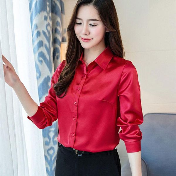

women's blouses & shirts imitation silk women spring autumn style office work lady long sleeve turn-down collar blusas df2273, White