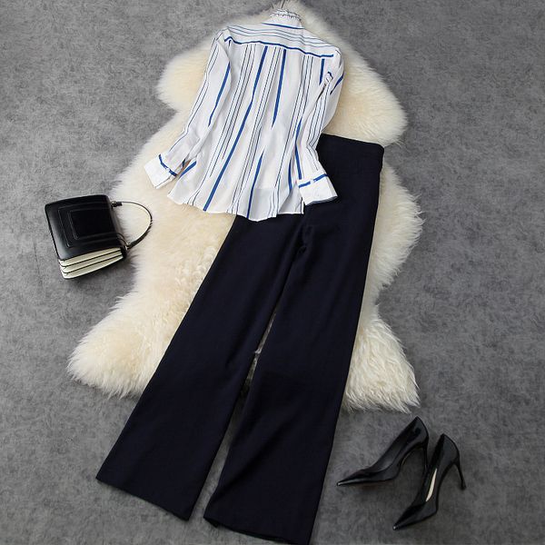 

pants women's set spring summer suit ladies striped print shirts+buttons deco wide leg long pant sets female, White