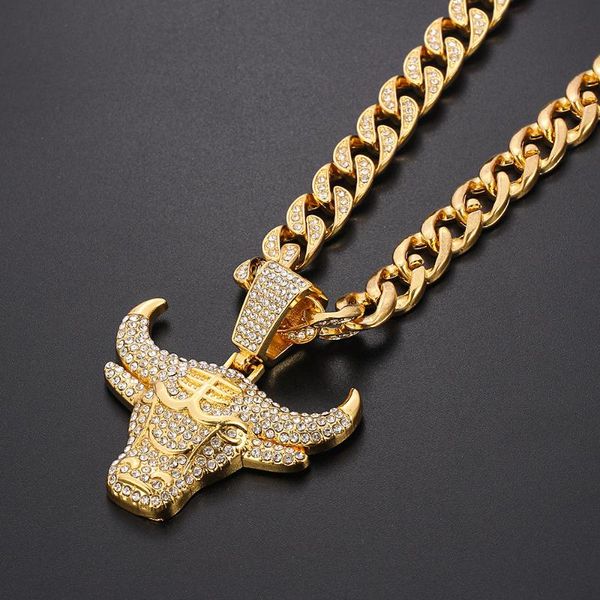 

pendant necklaces necklace for men women hip hop rapper iced out bling ox head miami big gold cuban chain choker jewelry gift, Silver