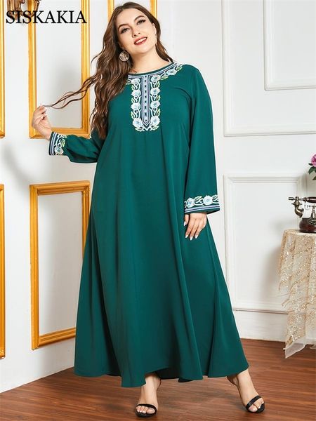 

siskakia elegant ethnic embroidery maxi dress for womnen fall 2021 o neck long sleeve plus size arabic muslim turkey clothes new, Black;gray
