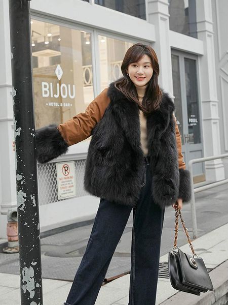 

women's fur & faux arlenesain custom 2021 design parka double faced women jacket with v-collar, Black