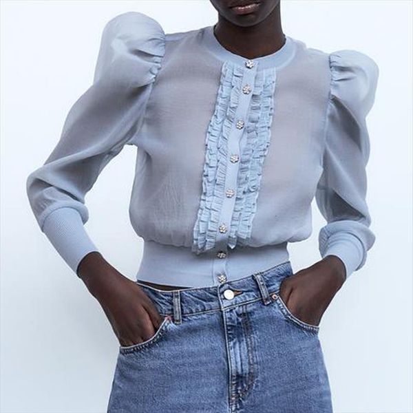 

agong casual o neck womens sweater women fashion cascading blue elegant perspective organza female ladies hk, White;black