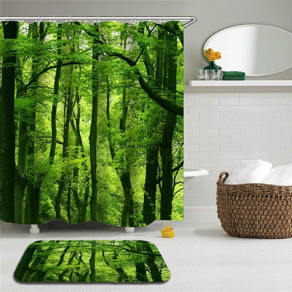 

shower curtains 2pcs/set green forest trees scenery mat set bathroom waterproof cloth + non-slip toilet home decor
