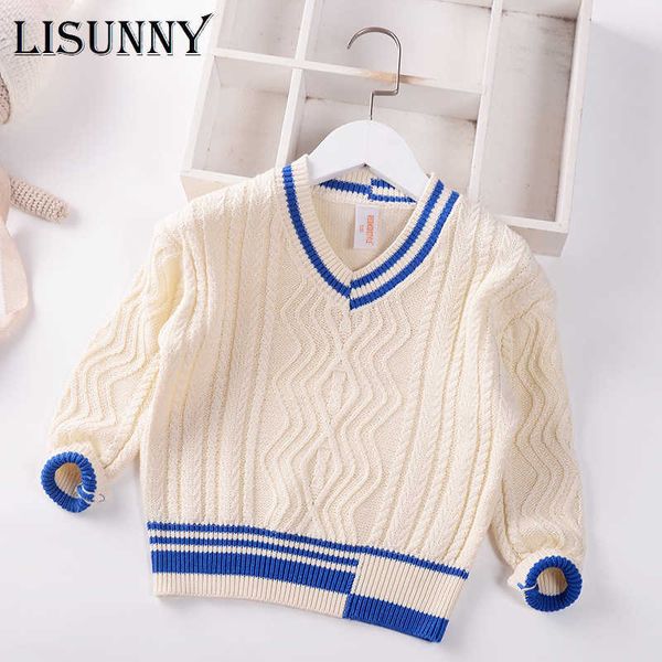 

kids sweater boys pullover 2021 autumn winter new children clothing cotton baby sweaters toddler jumper 2-7y v-neck striped y1024, Blue