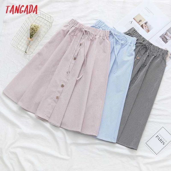 

tangada women striped print midi skirt faldas mujer vintage buttons strethy waist ladies elegant chic mid calf skirts 5n23 210609, Black