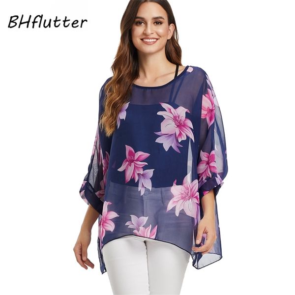 

bhflutter women and blouses plus size new style batwing casual loose summer blouse floral print chiffon shirts blusas 210401, White