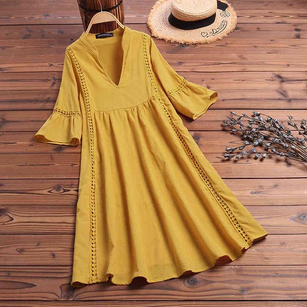 

dress zanzea sleeve 2021 summer flare lace women's sundress fashion short vestido female bohemian v neck party shirt robe femme, Black;gray