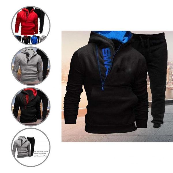

jogging clothing 1 set men tracksuit stylish thick sweatshirt elastic waist sweatpants loose soft, Black;red