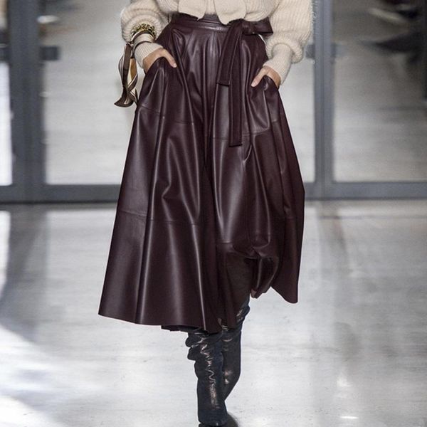 

skirts women high waist leather skirt autumn winter heavy weight quality belted midi street, Black