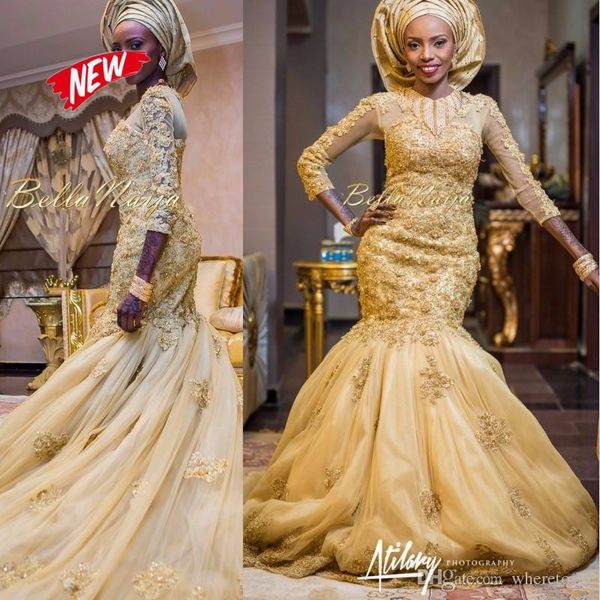 

2021 arabic mermaid gold lace wedding dresses african nigerian appliques three quarter sleeves bridal gowns with tulle wrap, White