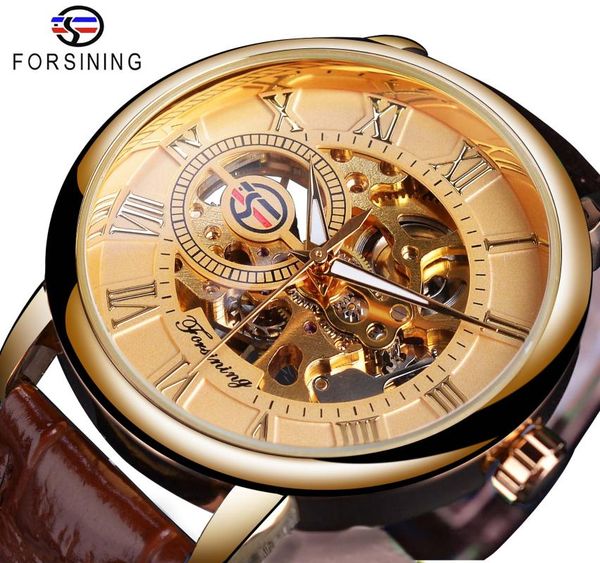 

wristwatches forsining classic mens mechanical watches skeleton golden roman ultra-thin hand wind business dress gentleman leather wristwatc, Slivery;brown