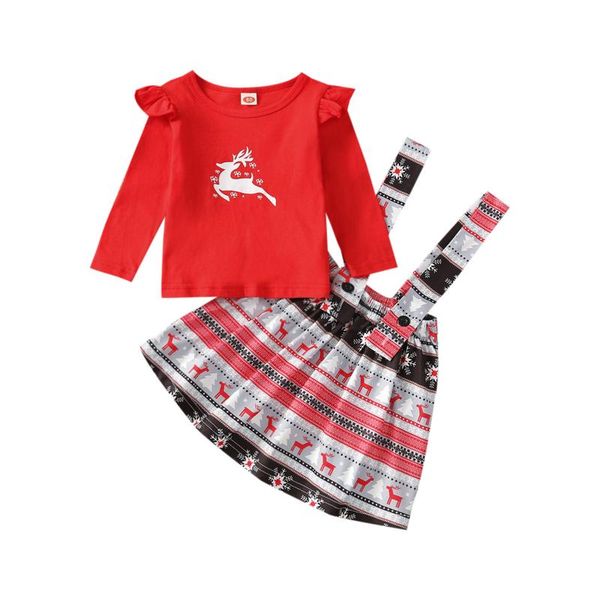 

clothing sets fashion girl clothes two pieces suit cartoon christmas print long sleeve ruffle and elk suspender skirt xmas outfit, White