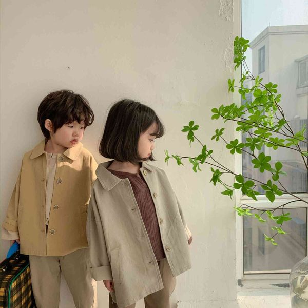Весна детей повседневный поворотный воротник сплошной цвет куртки Япония стиль простой унисекс хлопковые пальто 210508