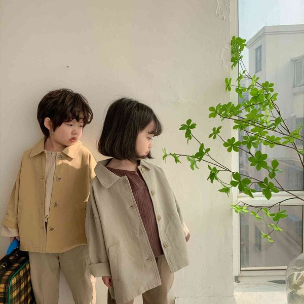 

spring children casual turn-down collar solid color jackets japan style simple cotton coats 210508, Blue;gray