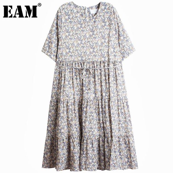 

casual dresses [eam] women blue printed pleated big size dress round neck three-quarter sleeve loose fit fashion spring summer 2021 1de0475, Black;gray