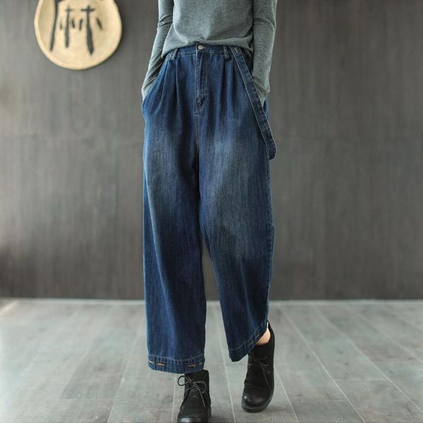 

fairynatural ladies loose vintage zipper jeans pants women 2021 retro denim trousers autumn spring women's, Blue
