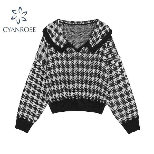 

plaid vintage womens sweater pullovers shirts autumn plaid vintage casual korean long sleeve female knitted shirts 210417, White;black