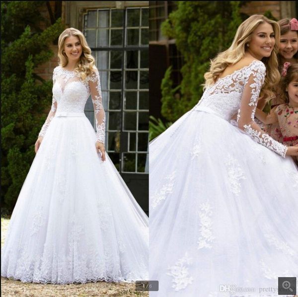 

2021 vestido de festa white tulle a line wedding dress lace appliques long sleeve beaded vintage bride dresses princess open back elegant br