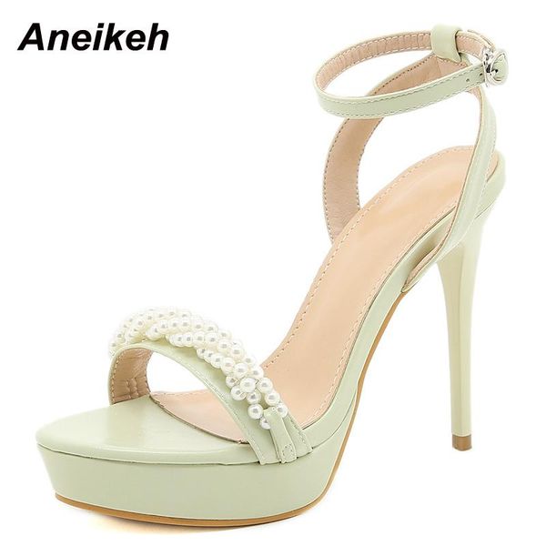 

sandals aneikeh women 2021 summer leisure high heels platform string bead fashion trend head peep toe sweet wedding shoes 34-40, Black