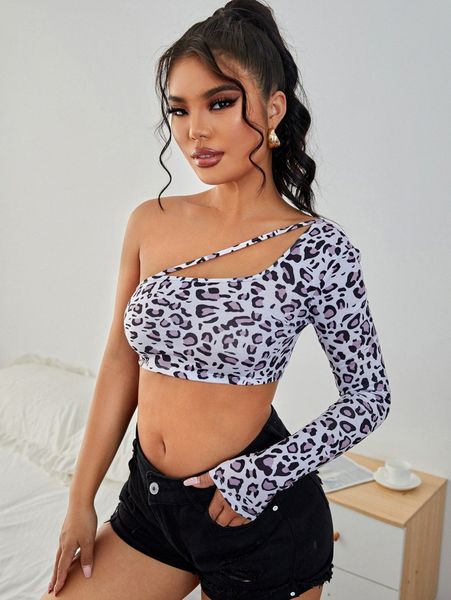 

sxy leopard print cut out one shoulder crop c5vn#, White