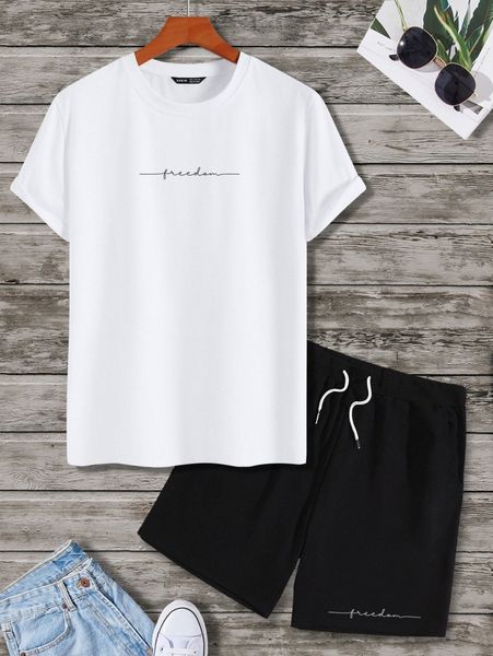 

men letter graphic tee & drawstring waist shorts y6b6#, Gray