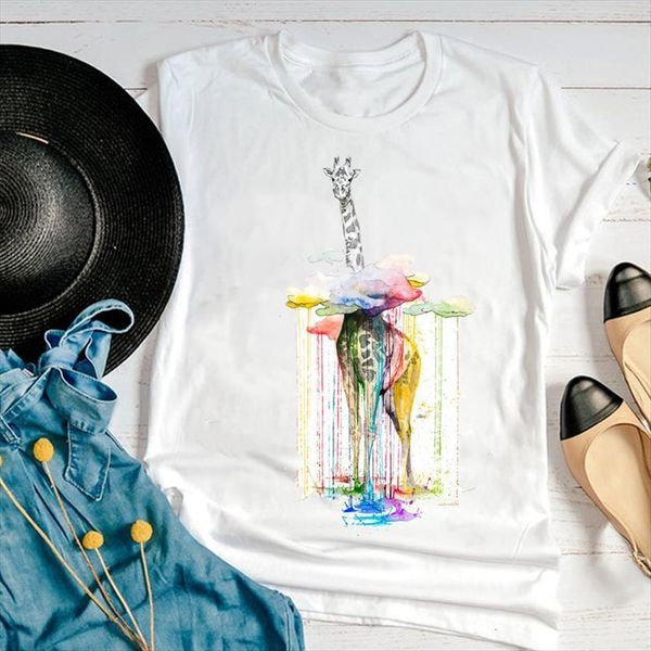 

graphic watercolor animal short sleeve women funny fashion 90s cartoon summer print female clothes tees t shirt, White