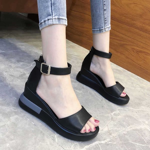 

women solid bohemian buckle peep toe wedges thick bottom flatform shoes sandals 2021 women's sandalias de las mujeres y0721, Black