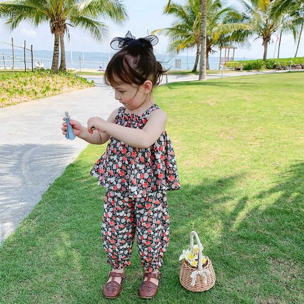 

summer kids girls 2-pcs sets floral sling shirts+ elastic waist anti mosquito trousers children clothes e5218 210610, White