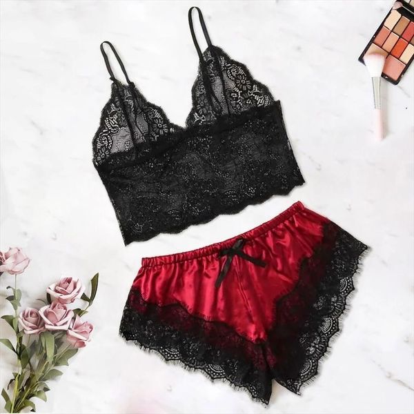 

lace hollow out womens sleepwears pajamas nightwear pyjamas ultra thin sleep lounge ladys home wear nightclothes, Black;red