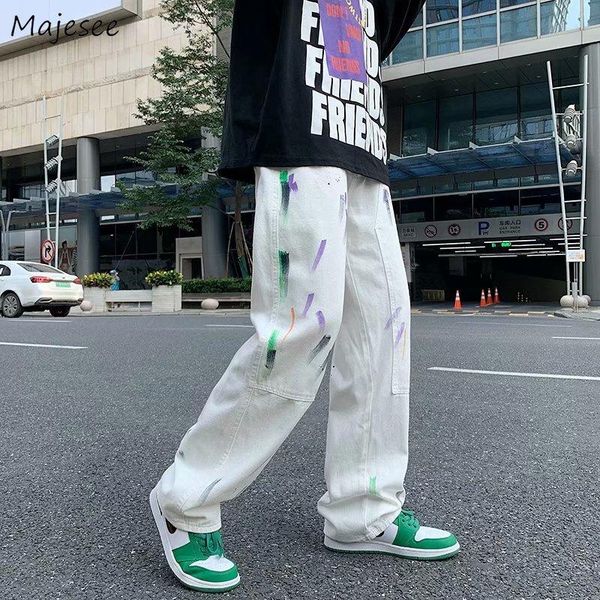 

men's jeans dye men straight hip- chic wide leg trousers denim american high street mopping white cowboy pantalones s-3xl loose, Blue