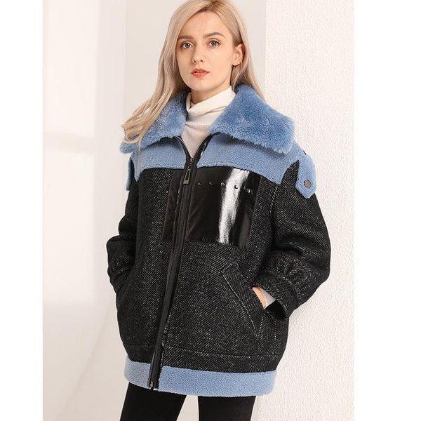 

women's fur & faux 2021 winter style, granular velvet, coat short woolen stitching color coat, one large lapel korean ladies, Black