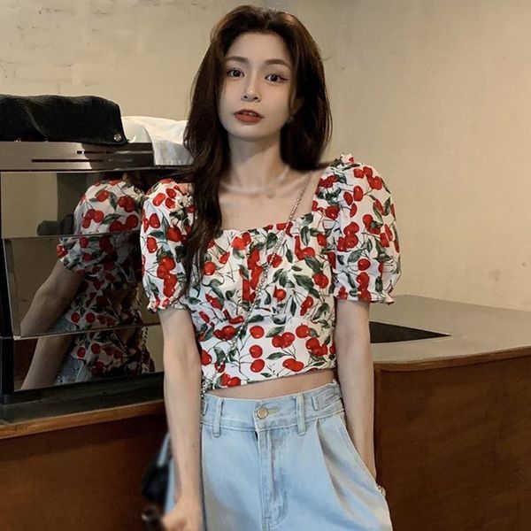 

women's blouses & shirts casual square neck blouse floral shirt short crop women puff sleeve summer, White