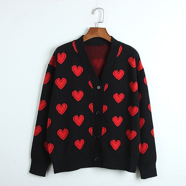 

women's t-shirt spring and autumn winter knitted cardigan female korean version loose v-neck student sweater coat love jacquard with lo, White