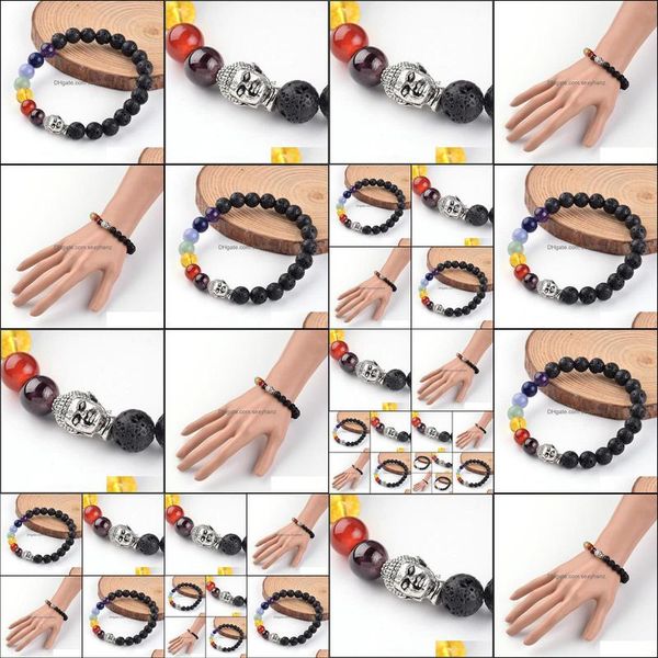

bracelets jewelry buddha head natural lava beaded chakra stretch bracelets, with crystal beads and tibetan style alloy beads, 5m beaded, str, Black