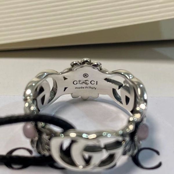 

double flower s925 hollow out letter pattern color ring pink mother pearl, Silver