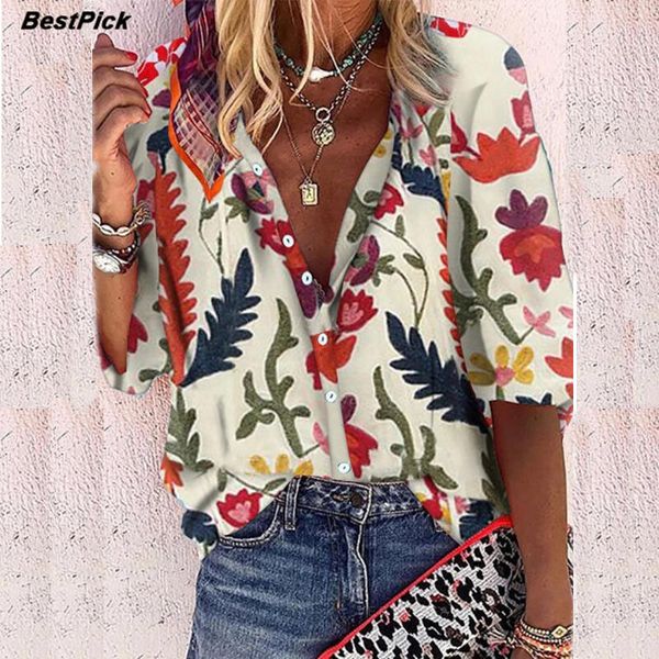 

2021 new women chiffon blouses casual leaf printed shirts elegant v neck vintage holiday style long sleeve fashion blusas, White