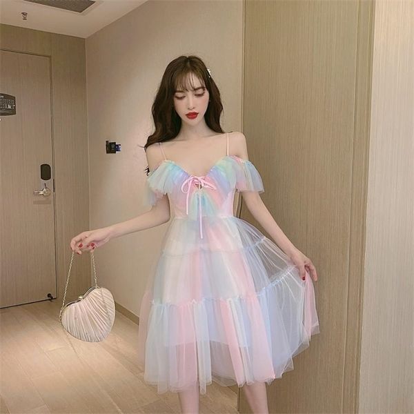 

rainbow fairy dress women elegant sweet party dress female casual patchwork lace chiffon kawaii dress summer 2021 new, Black;gray