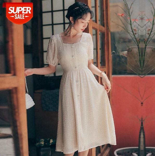

puff sleeve dress female year french temperament v-neck waist slimming embroidery fairy skirt #1p6x, Black;gray