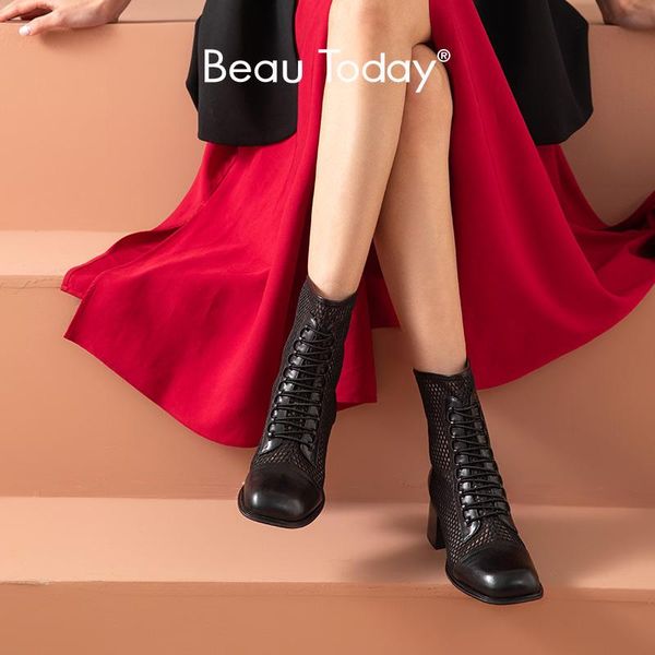 

boots beautoday ankle women calfskin mesh square toe lace up decoration back zipper summer sandals for handmade 07108, Black