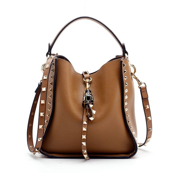 

real leather rivet bucket bag,purses and handbags luxury designer studded cowhide ladies shoulder bag with crossbody strap