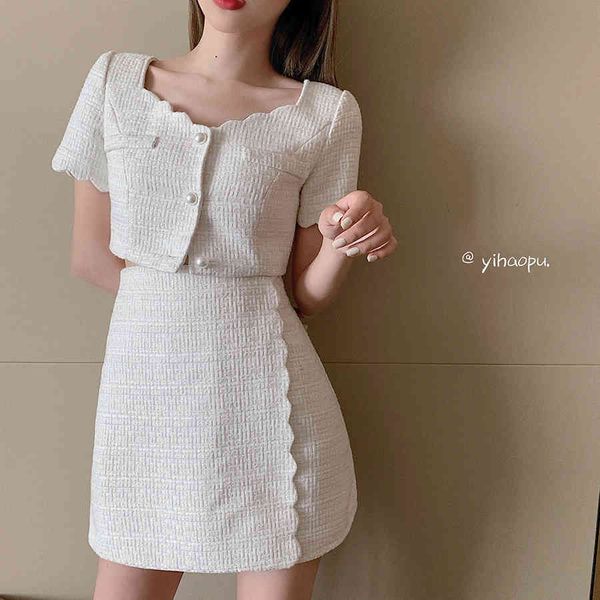 

vintage women white tweed two piece set short sleeve crop + high waist a-line skirt suit female elegant 2 210416
