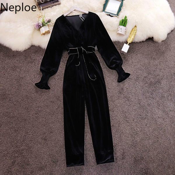 

women's jumpsuits & rompers neploe spring velvet jumpsuit woman v neck long sleeve black ladies elegant belt slim waist women chic body, Black;white